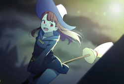 Rule 34 | 1girl, :d, black dress, blurry, blurry background, blurry foreground, broom, broom riding, brown hair, canon (aria), collarbone, dress, floating hair, hat, highres, hood, hood down, hooded dress, kagari atsuko, lens flare, little witch academia, long hair, long sleeves, looking to the side, open mouth, red eyes, short dress, smile, solo, white hat, witch hat