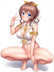 Rule 34 | 1girl, argyle, armpit crease, bang dream!, bare arms, bare legs, bare shoulders, barefoot, between breasts, blue eyes, blush, bottomless, bracelet, breasts, brown hair, cleavage, cleft of venus, closed mouth, covered erect nipples, crop top, detached collar, detached sleeves, full body, gluteal fold, hair between eyes, hair ribbon, hand up, head tilt, heart, jewelry, lambda (kusowarota), large breasts, long hair, looking at viewer, navel, necktie, ponytail, pussy, ribbon, short sleeves, sidelocks, simple background, smile, solo, squatting, stomach, thighs, uncensored, w, wavy hair, white background, yamabuki saya, yellow necktie, yellow ribbon