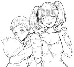 Rule 34 | 1boy, 1girl, blush, breasts, character request, cleavage, closed eyes, closed mouth, commentary request, copyright request, dress, greyscale, grin, long sleeves, looking at viewer, medium breasts, mellow rag, monochrome, hugging object, pillow, pillow hug, short sleeves, short twintails, smile, twintails