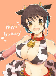Rule 34 | 10s, 1girl, animal ears, animal print, bell, neck bell, blush, breasts, brown eyes, brown hair, cleavage, collar, cow ears, cow horns, cow print, cowbell, happy birthday, headset, horns, idolmaster, idolmaster cinderella girls, large breasts, looking at viewer, navel, oikawa shizuku, open mouth, pekosuke, short hair, smile, solo