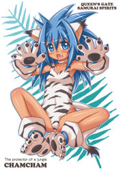 Rule 34 | 1girl, :d, alternate color, animal ears, animal hands, blue eyes, blue hair, blush, cat ears, cat girl, cat tail, cham cham, character name, choker, fang, female focus, full body, gloves, hair intakes, happy, kure (beniya), long hair, matching hair/eyes, open mouth, paw gloves, paw shoes, plant, player 2, samurai spirits, shoes, sitting, smile, snk, solo, spiked hair, spread legs, tail, white background