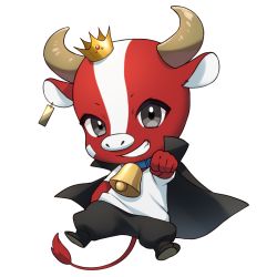 Rule 34 | 1boy, animal ears, bell, black cape, black footwear, black pants, blue collar, cape, chibi, clenched hand, collar, commission, copyright request, cow boy, cow ears, cow horns, cow tail, crown, ear piercing, full body, grey eyes, grin, horns, looking at viewer, male focus, mini crown, neck bell, outstretched arm, pants, piercing, sakura chiyo (konachi000), shirt, shoe soles, short sleeves, simple background, smile, solo, tail, tilted headwear, virtual youtuber, white background, white shirt