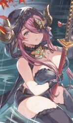 Rule 34 | 1girl, bare shoulders, bikini, black bikini, black coat, black gloves, black shorts, black thighhighs, blue eyes, breasts, butterfly hair ornament, cleavage, coat, draph, fingerless gloves, gloves, granblue fantasy, hair ornament, hair over one eye, highres, holding, holding sword, holding weapon, hood, horns, jewelry, katana, lace, lace-trimmed legwear, lace trim, large breasts, long hair, looking at viewer, narmaya (granblue fantasy), narmaya (the black butterfly) (granblue fantasy), necklace, nyapanu, official alternate costume, open mouth, partially submerged, pointy ears, shorts, sleeveless, sleeveless coat, solo, swimsuit, sword, thighhighs, thighs, weapon