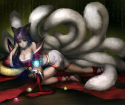 Rule 34 | 1girl, ahri (league of legends), animal ears, arm support, bare shoulders, blue eyes, breasts, cleavage, facial mark, fox, fox ears, fox tail, highres, korean clothes, large breasts, league of legends, long hair, lying, multiple tails, on side, orb, purple hair, solo, tail, whisker markings, youshun (naturaljuice)