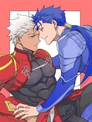 Rule 34 | 2boys, archer (fate), blue hair, couple, cu chulainn (fate), dark skin, dark-skinned male, earrings, emya, eye contact, fate/grand order, fate/stay night, fate (series), grey eyes, hand on another&#039;s arm, heads together, jewelry, cu chulainn (fate/stay night), looking at another, male focus, multiple boys, muscular, pectorals, red eyes, short hair, simple background, white hair, yaoi