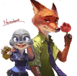 Rule 34 | 1boy, 1girl, :d, disney, flower, fox, furry, furry female, furry male, green eyes, holding, holding another&#039;s arm, holding own arm, jeanex, judy hopps, looking at viewer, necktie, nick wilde, open mouth, police, police badge, police uniform, purple eyes, rabbit, rose, signature, simple background, smile, uniform, white background, zootopia