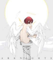 Rule 34 | 1girl, absurdres, arknights, ass, back, detached wings, energy wings, exusiai (arknights), feathered wings, feathers, from behind, full body, halo, highres, khrnnfz, looking at viewer, looking back, nude, orange eyes, pillar, red hair, short hair, sitting, solo, white wings, wings