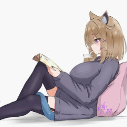 Rule 34 | 1girl, animal ear fluff, animal ears, arknights, black nails, black thighhighs, blush, book, breasts, brown hair, cup, disposable cup, dress, drinking, feet out of frame, fingernails, from side, garter straps, grey dress, grey sweater, hair ornament, highres, holding, holding book, knee up, large breasts, long fingernails, long sleeves, maiq06, nail polish, open book, pillow, profile, purple eyes, reading, short hair, signature, simple background, sitting, solo, sweater, sweater dress, tail, thighhighs, utage (arknights), white background, x hair ornament, zettai ryouiki