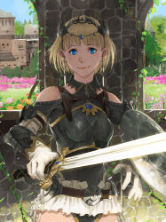 Rule 34 | 1girl, armor, blonde hair, blue eyes, breastplate, clothing cutout, commentary request, day, flower, gloves, knight, original, outdoors, shadow, shield, short hair, shoulder cutout, solo, somehira katsu, sword, weapon, white gloves