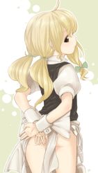Rule 34 | 1girl, alternate hairstyle, animated, animated gif, arms behind back, ass, blinking, blonde hair, bottomless, braid, buriki, covering privates, covering ass, female focus, hair ribbon, kirisame marisa, looking back, no panties, ribbon, solo, touhou, twintails