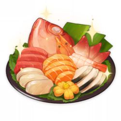 Rule 34 | artist request, commentary, english commentary, fish, fish (food), food, food focus, game cg, genshin impact, leaf, lowres, no humans, official art, plate, sashimi, shrimp, simple background, sparkle, still life, third-party source, transparent background