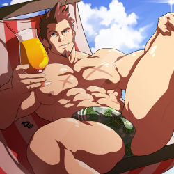 Rule 34 | 1boy, abs, alternate costume, bara, bare pectorals, blue eyes, brown hair, bulge, cloud, cloudy sky, cross scar, cup, dkmate, drinking glass, erection, erection under clothes, facial hair, fate/grand order, fate (series), goatee, green male swimwear, green swim briefs, highres, large pectorals, leaf print, leg up, long sideburns, male focus, male swimwear, muscular, napoleon bonaparte (fate), navel, nipples, pectorals, print male swimwear, print swim briefs, print swimsuit, scar, scar on chest, short hair, sideburns, sky, solo, summer, swim briefs, swimsuit, thick thighs, thighs, topless male