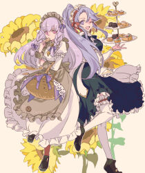 Rule 34 | 2girls, apron, basket, biscuit (bread), black dress, brown apron, brown pantyhose, cake, cake slice, commentary request, cookie, dress, eating, fire emblem, fire emblem: genealogy of the holy war, fire emblem: three houses, fire emblem heroes, floral background, flower, food, full body, hair ribbon, holding, holding basket, holding food, juliet sleeves, long hair, long sleeves, looking at viewer, lysithea von ordelia, lysithea von ordelia (tea party), maid headdress, multiple girls, nintendo, official alternate costume, official alternate hairstyle, one eye closed, open mouth, pantyhose, pink eyes, pink hair, ponytail, puffy sleeves, purple hair, purple ribbon, ribbon, smile, sunflower, tailtiu (fire emblem), tailtiu (tea party) (fire emblem), teeth, tenjin (ahan), thighhighs, upper teeth only, very long hair, waist apron, white apron, white dress, white thighhighs, yellow flower