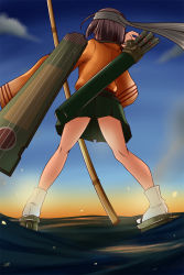 Rule 34 | 10s, 1girl, arrow (projectile), bow (weapon), brown hair, flight deck, from behind, hachimaki, headband, highres, hiryuu (kancolle), kantai collection, nishi koutarou, quiver, sandals, short hair, skirt, solo, sunset, water, weapon