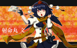 Rule 34 | 1girl, belt, belt pouch, black hair, cameo, camera, character name, female focus, fingerless gloves, gloves, hakurei reimu, hat, looking at viewer, open mouth, pen, photo (object), pouch, red eyes, scarf, shameimaru aya, short hair, solo, tokin hat, touhou, upper body, wings, yae62429