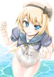 Rule 34 | 1girl, asaga aoi, blonde hair, blue eyes, blue sailor collar, commentary request, cowboy shot, gloves, hat, jervis (kancolle), kantai collection, long hair, looking at viewer, name tag, one-piece swimsuit, sailor collar, sailor hat, school swimsuit, short sleeves, smile, solo, swimsuit, water, white background, white gloves, white hat, white one-piece swimsuit, white school swimsuit
