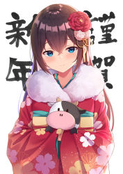 Rule 34 | 1girl, text background, blue eyes, brown hair, closed mouth, floral print, flower, fur collar, hair between eyes, hair flower, hair ornament, hicha nomu, holding, holding stuffed toy, japanese clothes, kimono, long hair, long sleeves, looking at viewer, new year, original, print kimono, red flower, red kimono, simple background, smile, stuffed animal, stuffed cow, stuffed toy, translation request, upper body, white background, wide sleeves