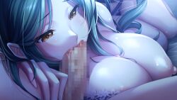 Rule 34 | 1girl, areola slip, bed, blush, breast press, breasts, bunny&#039;s mama daikou service, censored, choco chip, embarrassed, fellatio, game cg, green hair, huge breasts, indoors, joudohama kana, large areolae, long hair, lying, mosaic censoring, night, nipples, on bed, on side, one breast out, oral, orange eyes, original, panties, penis, pov, underwear