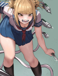 Rule 34 | 1girl, absurdres, aqua background, black socks, blonde hair, blue sailor collar, blue skirt, blush, boku no hero academia, breasts, contrapposto, double bun, downblouse, fang, hair bun, hand on own hip, hanging breasts, highres, knife, leaning forward, mechanical tentacles, medium breasts, neckerchief, red neckerchief, sailor collar, school uniform, serafuku, skirt, socks, solo, teeth, thighs, toga himiko, tongue, yellow eyes, zd (pixiv6210083)