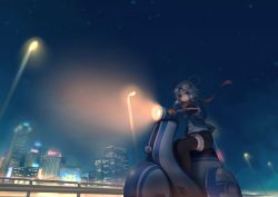 Rule 34 | 1girl, bad id, bad pixiv id, blue eyes, city, driving, gloves, goggles, highres, lamppost, looking at viewer, luo tianyi, motor vehicle, motorcycle, need6699955, night, scarf, sky, star (sky), star (symbol), thighhighs, vehicle, vocaloid, wave505, zettai ryouiki