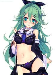 Rule 34 | 10s, 1girl, 3:, aqua eyes, arm at side, artist name, blush, bra, breasts, closed mouth, clothes lift, clothes pull, collar, cowboy shot, detached sleeves, green hair, hair between eyes, twirling hair, kantai collection, long hair, looking at viewer, medium breasts, navel, panties, purple bra, purple panties, shirokitsune, shirt lift, simple background, skirt, skirt pull, smile, solo, underwear, very long hair, white background, wide sleeves, yamakaze (kancolle)