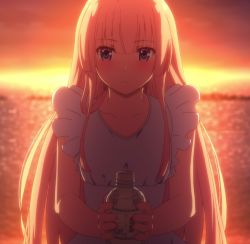 Rule 34 | 1girl, beach, bottle, girly air force, gripen (girly air force), highres, long hair, pink hair, purple eyes, screencap, stitched, sunset, third-party edit