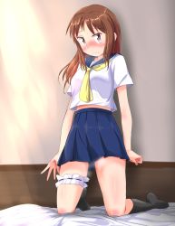 Rule 34 | 1girl, arms at sides, bed, black socks, blue skirt, blush, brown eyes, brown hair, clenched hand, closed mouth, commentary request, embarrassed, garter straps, highres, kneeling, looking at viewer, midriff peek, okano kei, on bed, sailor collar, scarf, school uniform, serafuku, shadow, skirt, socks, sweat, thighs, wall, yellow scarf, yuukin, yuyushiki