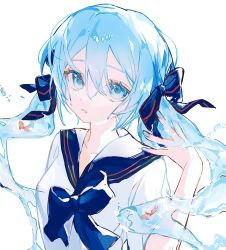 Rule 34 | 1girl, aqua eyes, aqua hair, blue bow, blue bowtie, blue nails, blue sailor collar, bow, bowtie, commentary, fish, hair between eyes, hair bow, hatsune miku, highres, liquid hair, long hair, looking at viewer, nail polish, parted lips, sailor collar, school uniform, serafuku, short sleeves, simple background, solo, symbol-only commentary, twintails, upper body, utsuhostoria, very long hair, vocaloid, water, water drop, white background
