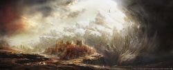 Rule 34 | artist request, building, city, cliff, cloud, cloudy sky, copyright name, copyright notice, day, desert, fantasy, final fantasy, final fantasy xiv, highres, in-universe location, light rays, no humans, official art, outdoors, scenery, sky, sunlight, waves
