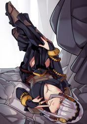 Rule 34 | 1girl, breasts, bridal gauntlets, cleavage, finger to face, fire emblem, fire emblem fates, highres, long hair, looking at viewer, nintendo, rhajat (fire emblem), sandals, grey eyes, silver hair, smile, solo, splashbrush, upside-down