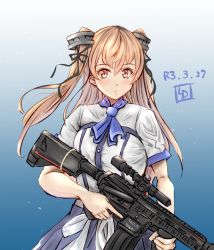 Rule 34 | 1girl, artist logo, blouse, blue background, blue skirt, brown eyes, commentary request, cowboy shot, dated, gradient background, gun, h&amp;k hk416, highres, holding, holding gun, holding weapon, johnston (kancolle), kantai collection, ld (luna dial398), light brown hair, long hair, looking at viewer, official alternate costume, rifle, scope, shirt, skirt, sniper rifle, solo, two side up, weapon, white shirt
