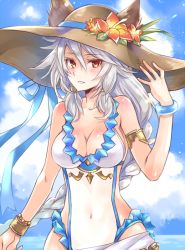 Rule 34 | 10s, 1girl, animal ears, arm at side, braid, breasts, cloud, cloudy sky, day, ears through headwear, erune, flower, frills, granblue fantasy, hair between eyes, hair intakes, hair tubes, hairband, hat, hat flower, heles, heles (summer) (granblue fantasy), large breasts, long hair, looking at viewer, mikipa, one-piece swimsuit, parted lips, sarong, shiny skin, silver hair, single braid, sky, solo, straw hat, sun hat, swimsuit, very long hair, white one-piece swimsuit, yellow eyes