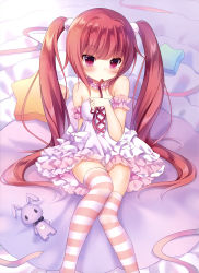 Rule 34 | 1girl, absurdres, amashiro natsuki, brown hair, dress, expressionless, female focus, hair ornament, highres, long hair, looking at viewer, mouth hold, original, red eyes, ribbon, ribbon in mouth, sitting, skindentation, solo, strapless, strapless dress, striped clothes, striped thighhighs, tareme, thighhighs, twintails, very long hair