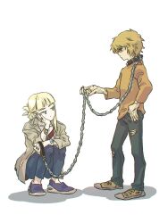 Rule 34 | 2boys, androgynous, blonde hair, blue eyes, blunt bangs, bracelet, brown eyes, buckle, canute, chain, closed mouth, collar, contemporary, full body, highres, jewelry, leash, looking at another, male focus, multiple boys, multiple scars, pants, ring, scar, scar on arm, scar on hand, shadow, shoes, simple background, spring deers, squatting, standing, thorfinn, torn clothes, torn pants, vinland saga, watch, white background, wristwatch
