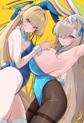Rule 34 | 2girls, absurdres, animal ears, arm up, armpits, asuna (blue archive), asuna (bunny) (blue archive), asymmetrical docking, black pantyhose, blonde hair, blue archive, blue bow, blue bowtie, blue eyes, blue hair, blue halo, blue leotard, blue nails, blue ribbon, blush, bow, bowtie, braid, breast press, breasts, closed mouth, cowboy shot, detached collar, dutch angle, ear piercing, elbow gloves, expressionless, fake animal ears, fake tail, french braid, funaya (a2brasd), gloves, grin, hair bow, hair intakes, hair over one eye, hair ribbon, halo, highleg, highleg leotard, highres, huge breasts, leotard, light brown hair, long hair, looking at viewer, medium breasts, multicolored hair, multiple girls, nail polish, official alternate costume, pantyhose, piercing, playboy bunny, presenting armpit, rabbit ears, rabbit tail, ribbon, sideboob, simple background, smile, standing, strapless, strapless leotard, streaked hair, tail, thighband pantyhose, thighhighs, thighs, toki (blue archive), toki (bunny) (blue archive), two-tone hair, v, very long hair, white gloves, white thighhighs, wrist cuffs, yellow background