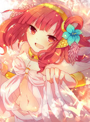 Rule 34 | 1girl, bracelet, breasts, choker, flower, hair flower, hair ornament, hair rings, hairband, jewelry, long hair, looking at viewer, lots of jewelry, magi the labyrinth of magic, morgiana, navel, open mouth, red eyes, red hair, shimotsuki eri, side ponytail, smile, solo