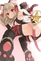 Rule 34 | 1girl, animal ears, ass, bad id, bad twitter id, bare shoulders, bell, black gloves, black leotard, black thighhighs, blonde hair, blush, breasts, cat ears, cat tail, center opening, closed mouth, dangeroes beast (illya), elbow gloves, eyelashes, fate/kaleid liner prisma illya, fate (series), fur collar, fur trim, gloves, hair ribbon, illyasviel von einzbern, jingle bell, legs, leotard, long hair, looking back, nishin (nsn 0822), official alternate costume, paw pose, paw shoes, prisma illya, red eyes, red ribbon, ribbon, shoes, simple background, small breasts, solo, tail, thighhighs, thighs, wand, wavy mouth, white background