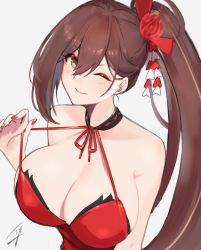 Rule 34 | 1girl, azur lane, bare shoulders, blush, bow, breasts, brown eyes, brown hair, cleavage, closed mouth, eyeliner, fingernails, flower, hair between eyes, hair bow, hair flower, hair ornament, hand up, hayabusa, highres, large breasts, long hair, looking at viewer, makeup, nail polish, neck ribbon, one eye closed, ponytail, red flower, red nails, red ribbon, ribbon, signature, simple background, smile, solo, upper body, very long hair, white background, zuikaku (azur lane)