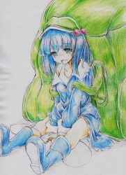 Rule 34 | 1girl, absurdres, backpack, bad id, bad pixiv id, bag, blue eyes, blue hair, blush, boots, colored pencil (medium), hair bobbles, hair ornament, hat, highres, kawashiro nitori, key, kitazinger, matching hair/eyes, off shoulder, short hair, sitting, solo, tears, touhou, traditional media, twintails, two side up, v arms