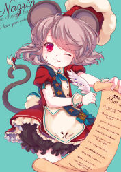 Rule 34 | 1girl, :3, ;3, alternate costume, animal ears, apron, bloomers, chef hat, clothes writing, commentary request, dress, feathers, grey hair, hat, head tilt, iris anemone, licking lips, looking at viewer, menu, mouse ears, mouse tail, nazrin, one eye closed, pink eyes, puffy short sleeves, puffy sleeves, quill, red dress, short sleeves, solo, tail, tongue, tongue out, touhou, translation request, underwear, waist apron, wrist cuffs