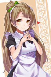 Rule 34 | 10s, 1girl, apron, blunt bangs, blush, bow, breasts, brown hair, cowboy shot, dress, frilled apron, frills, grey hair, hair bow, hair rings, heart, light smile, long hair, looking at viewer, love live!, love live! school idol festival, love live! school idol project, maid, maid apron, maid headdress, medium breasts, minami kotori, one side up, parted bangs, puffy short sleeves, puffy sleeves, ray-akila, short sleeves, smile, solo, spoken heart, steepled fingers, taut clothes, very long hair, wonder zone, yellow eyes