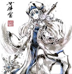 Rule 34 | 10s, 1girl, boots, character name, copyright name, goblin slayer!, ink wash painting, jidao huashi, long hair, priestess (goblin slayer!), simple background, solo, standing, thigh boots, thighhighs, very long hair, white background