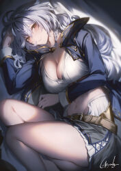 Rule 34 | 1girl, belt, blush, breasts, brown belt, brown eyes, cleavage, closed mouth, feet out of frame, genyaky, granblue fantasy, grey hair, highres, large breasts, long hair, long sleeves, looking at viewer, lying, navel, on side, signature, silva (granblue fantasy), skirt, smile, solo, thighs