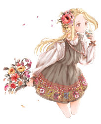 Rule 34 | 1girl, absurdres, arm up, ayatokoroten, black dress, blonde hair, bouquet, brown eyes, commentary, cropped legs, dress, easter egg, egg, expressionless, floral print, flower, forehead, hair flower, hair ornament, highres, holding, holding bouquet, holding egg, jewelry, juliet sleeves, long sleeves, looking to the side, low ponytail, original, pendant, petals, pinafore dress, puffy sleeves, shirt, simple background, sleeveless dress, solo, white background, white shirt