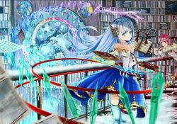 Rule 34 | 2girls, :o, balcony, bare tree, belt, blue eyes, blue hair, blue skirt, blue thighhighs, book, bookshelf, checkered floor, clock, crystal, detached sleeves, dress, fantasy, finger to own chin, floating, from behind, gears, glint, hair blowing, hair ornament, indoors, kazari (1a2b3c4d98721), keyring, layered dress, levitation, library, light particles, long hair, looking at viewer, looking back, magic circle, magical girl, medallion, melting, motion lines, multiple girls, open belt, open book, original, outstretched hand, paper, pink eyes, pink hair, railing, short hair, skirt, smile, standing, strapless, strapless dress, thighhighs, tree, water drop, wide sleeves, wind, wind lift, wings