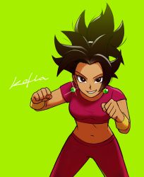 Rule 34 | 10s, 1girl, black eyes, black hair, bracelet, character name, clenched hands, dragon ball, dragon ball super, earrings, eyelashes, fighting stance, fingernails, green background, jewelry, kefla (dragon ball), legs apart, looking at viewer, pants, ponytail, potara earrings, red pants, red shirt, shaded face, shirt, simple background, smile, solo, solo focus, spiked hair, standing, tank top