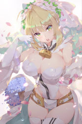 Rule 34 | 10s, 1girl, ahoge, belt, blonde hair, blush, bouquet, breasts, bridal veil, calder, chain, cleavage, detached sleeves, fate/extra, fate/extra ccc, fate/grand order, fate (series), flower, full-length zipper, gloves, green eyes, hair intakes, head wreath, highres, large breasts, leotard, lips, lock, looking at viewer, loose belt, nero claudius (bride) (fate), nero claudius (bride) (third ascension) (fate), nero claudius (fate), nero claudius (fate) (all), open mouth, padlock, petals, round teeth, simple background, solo, strapless, strapless leotard, teeth, thigh gap, thighhighs, veil, white background, white gloves, white leotard, white thighhighs, zipper, zipper pull tab