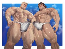 Rule 34 | 2boys, abs, absurdres, artist name, bara, biceps, blonde hair, blush, brown hair, bulge, erection, erection under clothes, feet out of frame, fundoshi, highres, japanese clothes, large pectorals, long hair, long sideburns, male focus, male underwear, manly, mature male, multiple boys, muscular, muscular male, navel, navel hair, nipples, original, oyatu55k, pectorals, scar, short hair, sideburns, signature, simple background, spiked hair, steam, steaming body, sweat, sweatdrop, thick arms, thick eyebrows, thick thighs, thighs, underwear, wet, wet clothes, yaoi