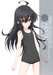 Rule 34 | 1girl, ahoge, artist name, black hair, black one-piece swimsuit, character name, collarbone, commentary request, cowboy shot, crescent, eyes visible through hair, flat chest, hair between eyes, highres, inaba shiki, kantai collection, logo, long hair, looking at viewer, mikazuki (kancolle), new school swimsuit, one-hour drawing challenge, one-piece swimsuit, school swimsuit, simple background, solo, standing, swimsuit, white background, yellow eyes