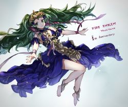 Rule 34 | 1girl, anniversary, barefoot, braid, closed mouth, copyright name, dress, fire emblem, fire emblem: three houses, full body, green eyes, green hair, highres, nekolook, nintendo, pointy ears, ribbon braid, simple background, smile, solo, sothis (fire emblem), tiara, twin braids